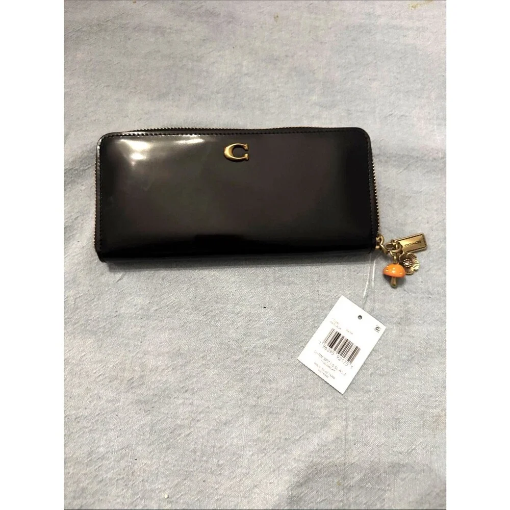 Coach Black Slim Accordion Patent Zip Wallet with Gold Brass Charms